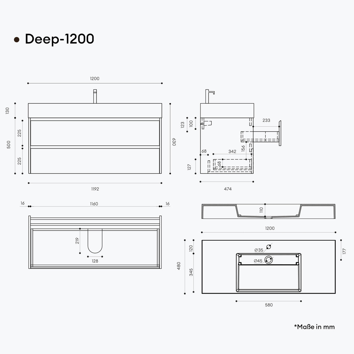 glasvilla Mobile Bagno Sospeso 120cm Mobiletto da Bagno con Lavabo da Marmo Fuso, Deep