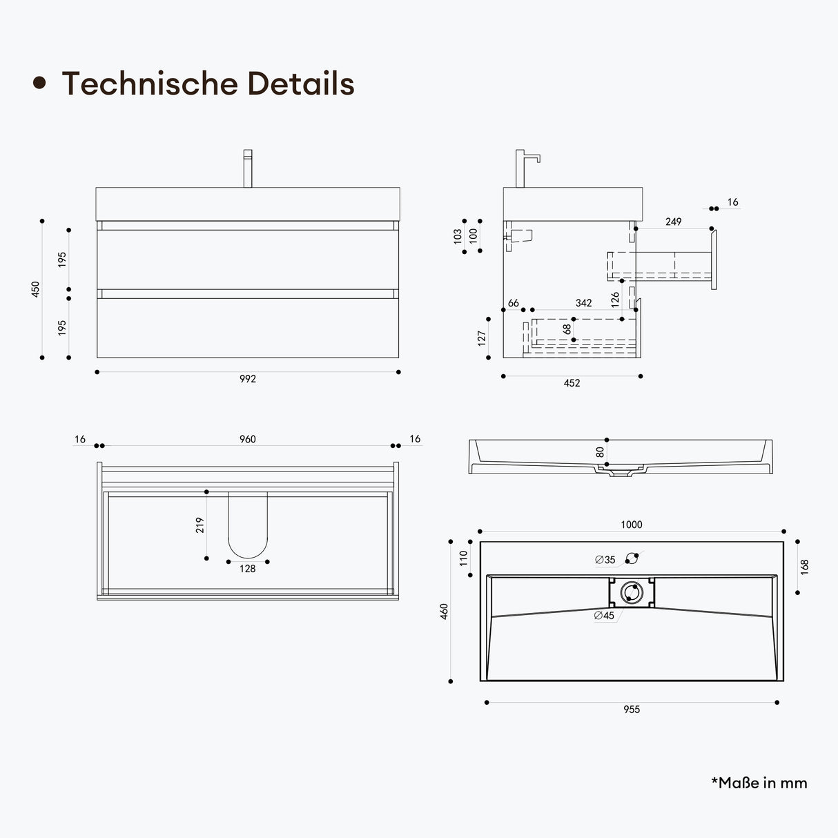 glasvilla Mobile Bagno Sospeso con 2 Cassetti Include Lavabo Mobile da Bagno con Lavabo Verona