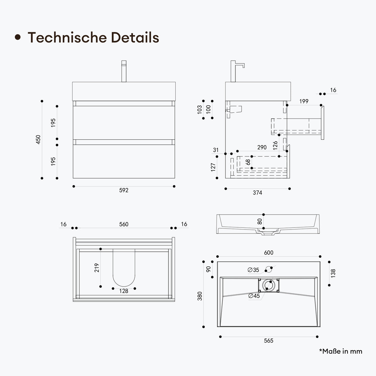 glasvilla Mobile Bagno Sospeso con 2 Cassetti Include Lavabo Mobile da Bagno con Lavabo Verona