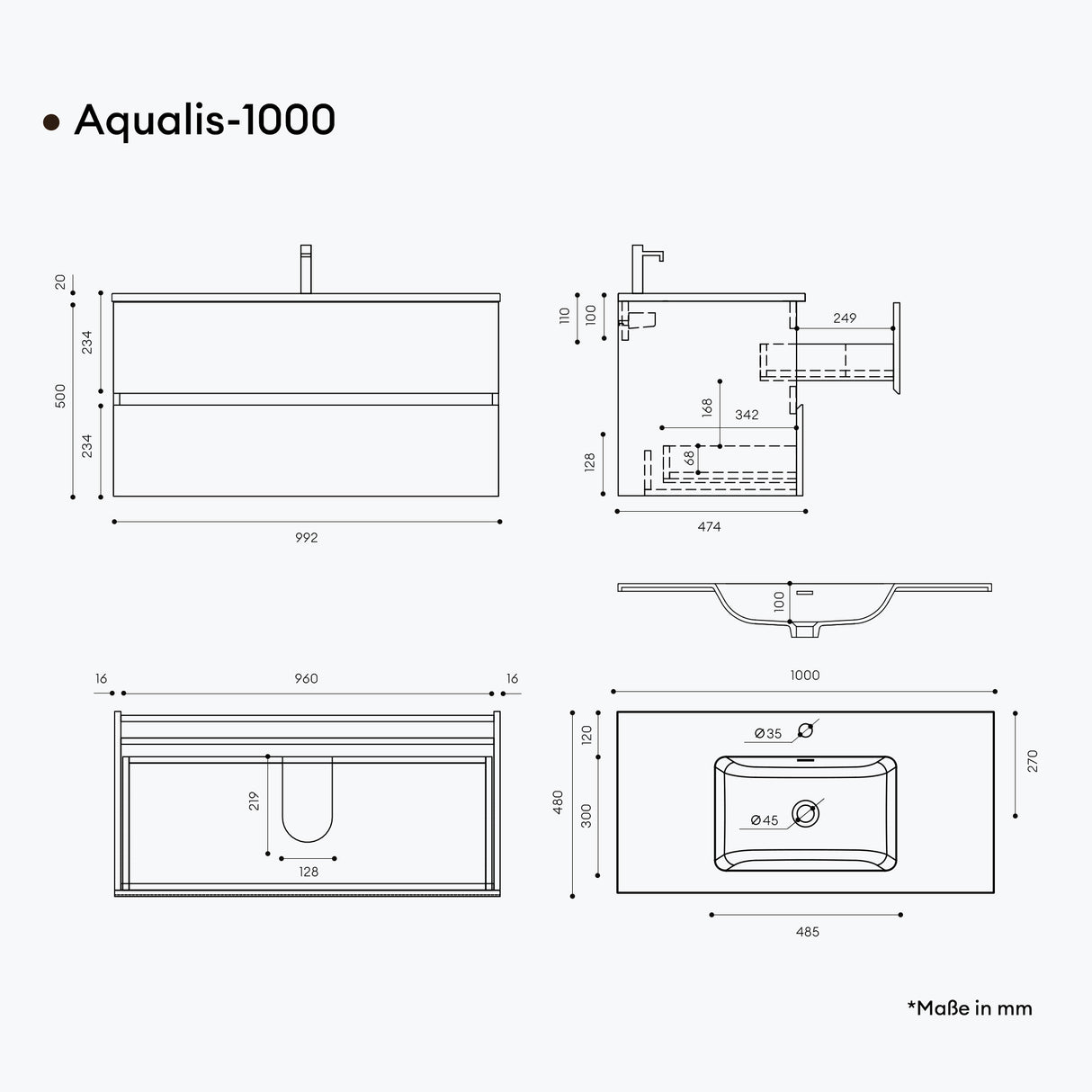 Ensemble de meubles de salle de bain Glasvilla, meuble sous-vasque avec meuble bas, vasque en fonte minérale anthracite, meuble bas pour vasque, 2 tiroirs, fermeture amortie Aqualis