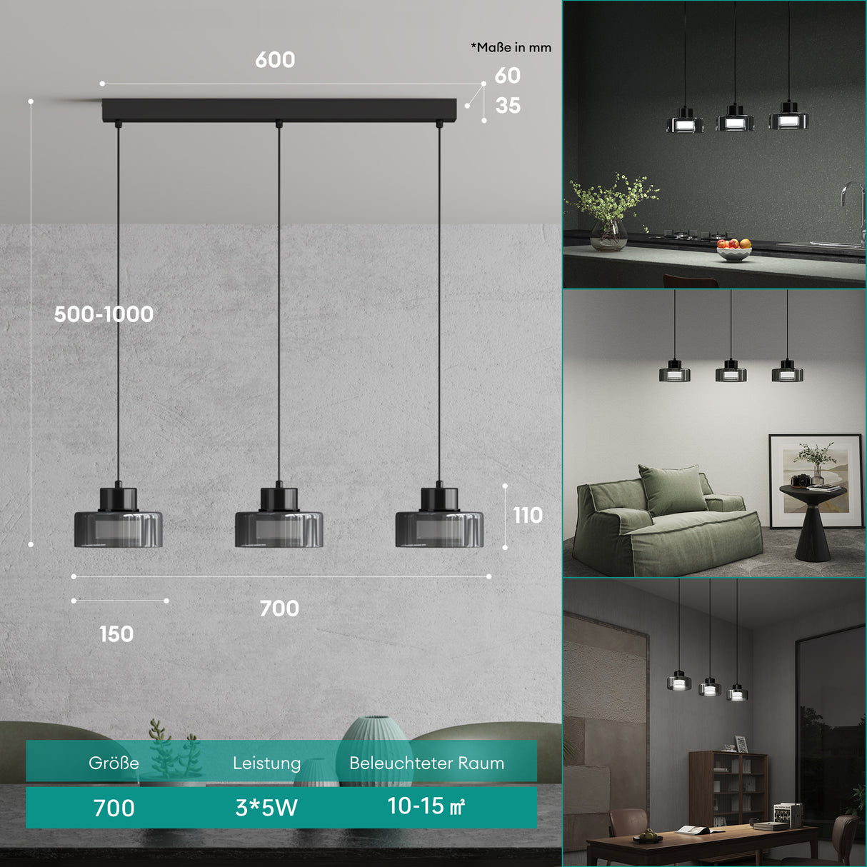 Suspension LED Glasvilla, lampe suspendue, 3000K/4000K/6000K, câble réglable, noir, idéale pour salle à manger, salon ou chambre.