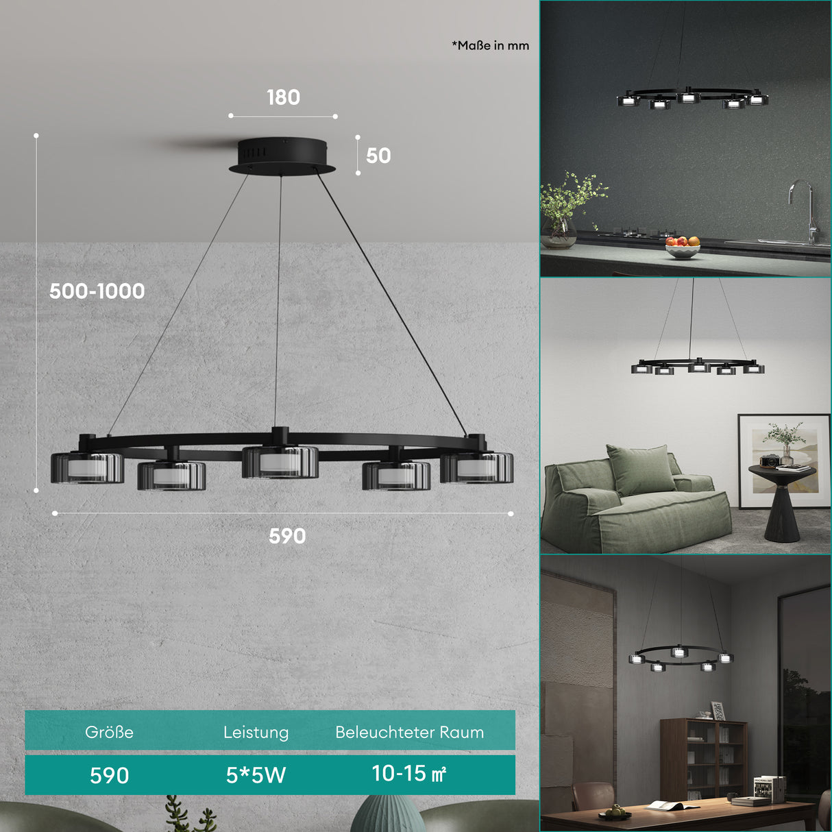 Suspension LED Glasvilla, lampe suspendue, 3000K/4000K/6000K, câble réglable, noir, idéale pour salle à manger, salon ou chambre.