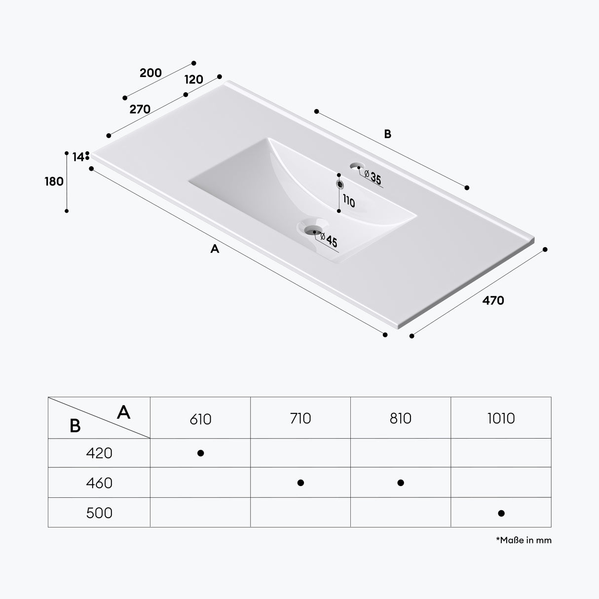 Vasque à encastrer Glasvilla, meuble sous-vasque blanc brillant en céramique avec revêtement nano rectangulaire, Brüssel911