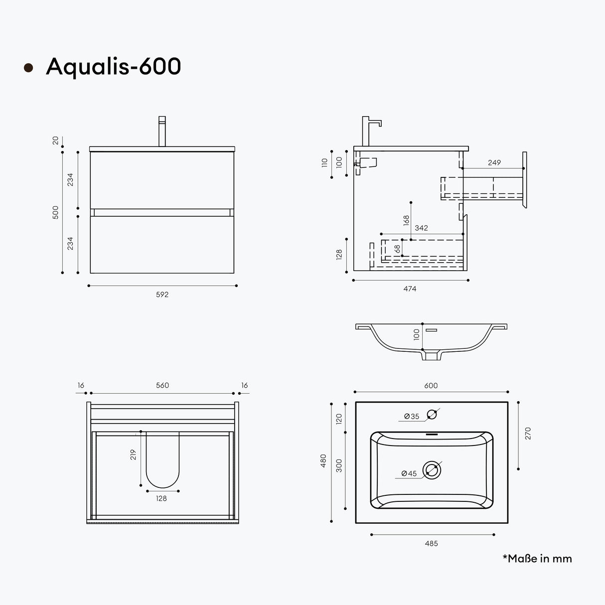 Ensemble de meubles de salle de bain Glasvilla, meuble sous-vasque avec meuble bas, vasque en fonte minérale anthracite, meuble bas pour vasque, 2 tiroirs, fermeture amortie Aqualis