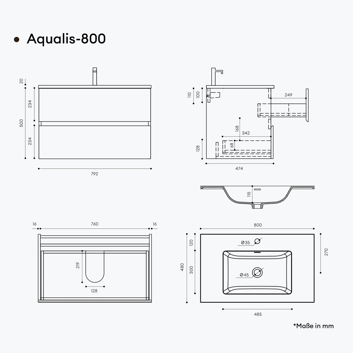 Ensemble de meubles de salle de bain Glasvilla, meuble sous-vasque avec meuble bas, vasque en fonte minérale anthracite, meuble bas pour vasque, 2 tiroirs, fermeture amortie Aqualis
