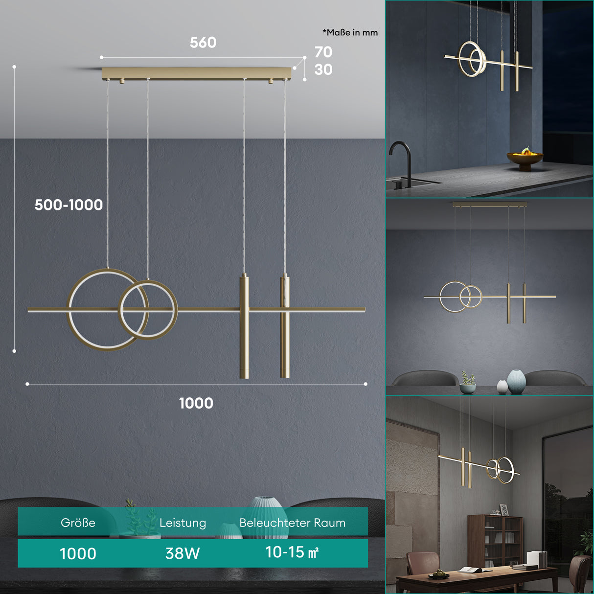 glasvilla Pendelleuchte 100cm LED Hängelampe Linear design 3000K/4000K/6000K Verstellbares Kabel 38W Hängeleuchte für Esszimmer Wohnzimmer Schlafzimmer