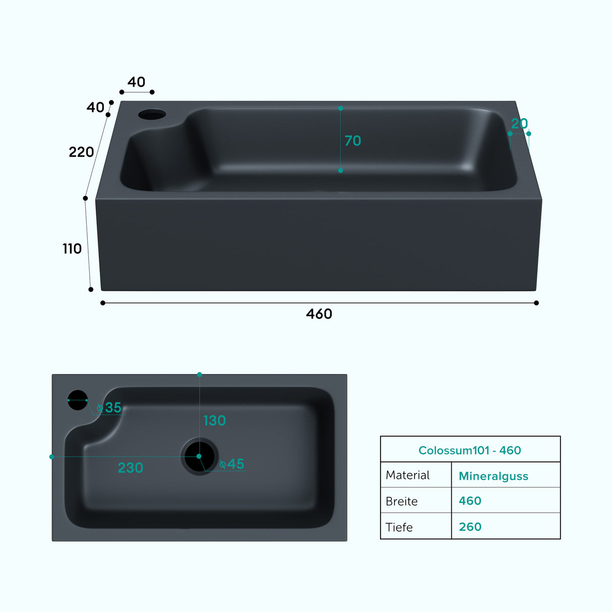 Vasque à poser Glasvilla, WC invités, vasque à poser avec trou pour robinet, 46 x 26 x 11 cm, petite vasque carrée en fonte minérale, zone de lavage Colossum101