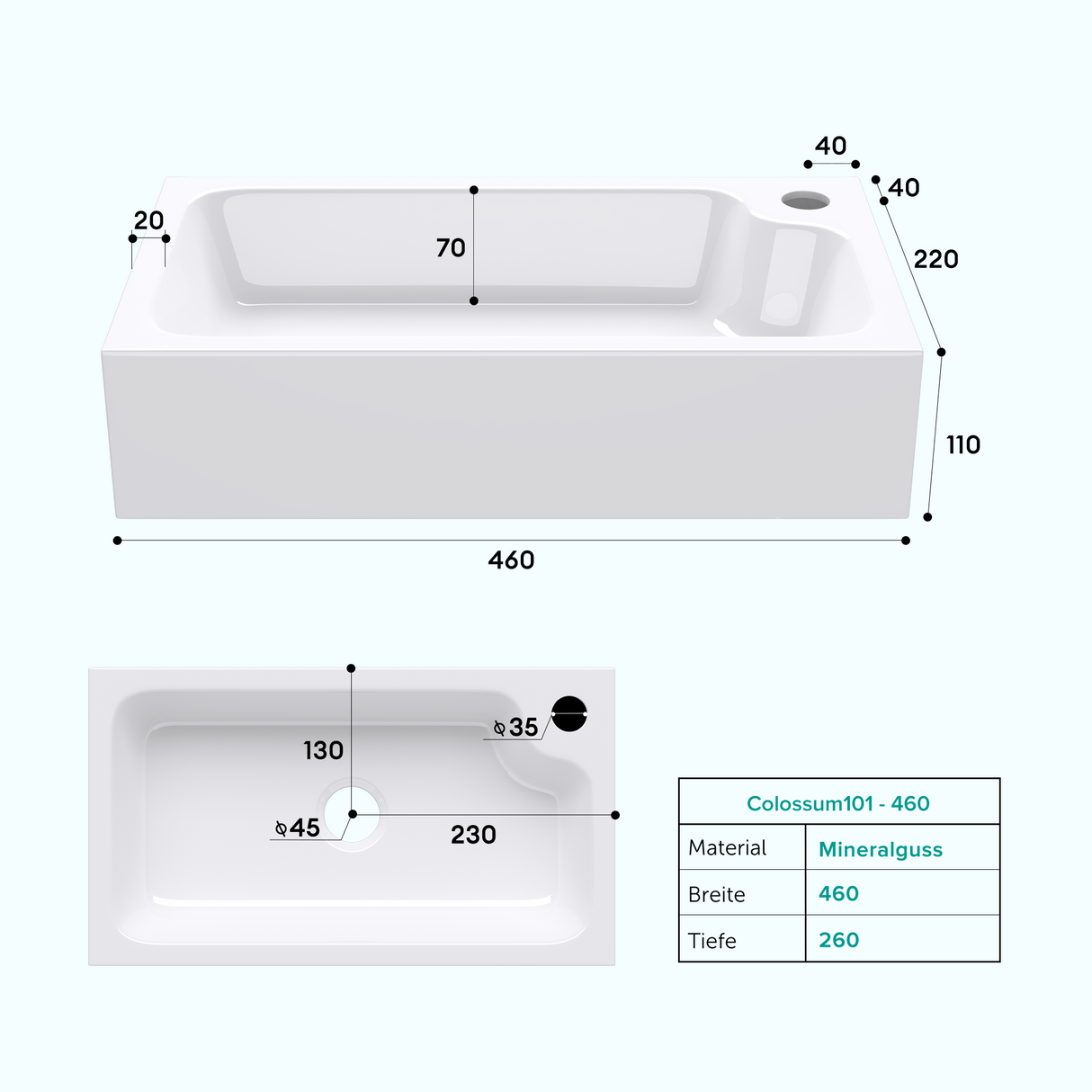 Vasque à poser Glasvilla, WC invités, vasque à poser avec trou pour robinet, 46 x 26 x 11 cm, petite vasque carrée en fonte minérale, zone de lavage Colossum101