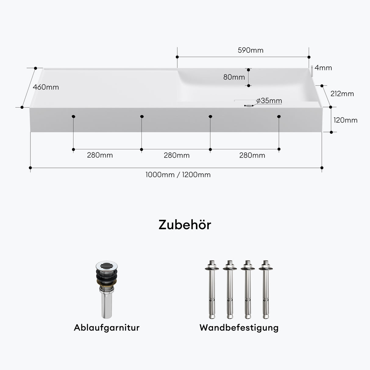 Lavabo Glasvilla, lavabo à poser, lavabo suspendu, en fonte minérale, rectangulaire, meuble-lavabo Col630