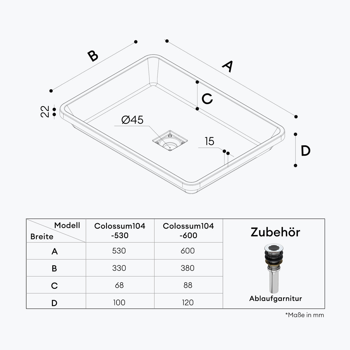 glasvilla Waschbecken mineralguss Einbauwaschbecken mit Ablaufabdeckung Col104