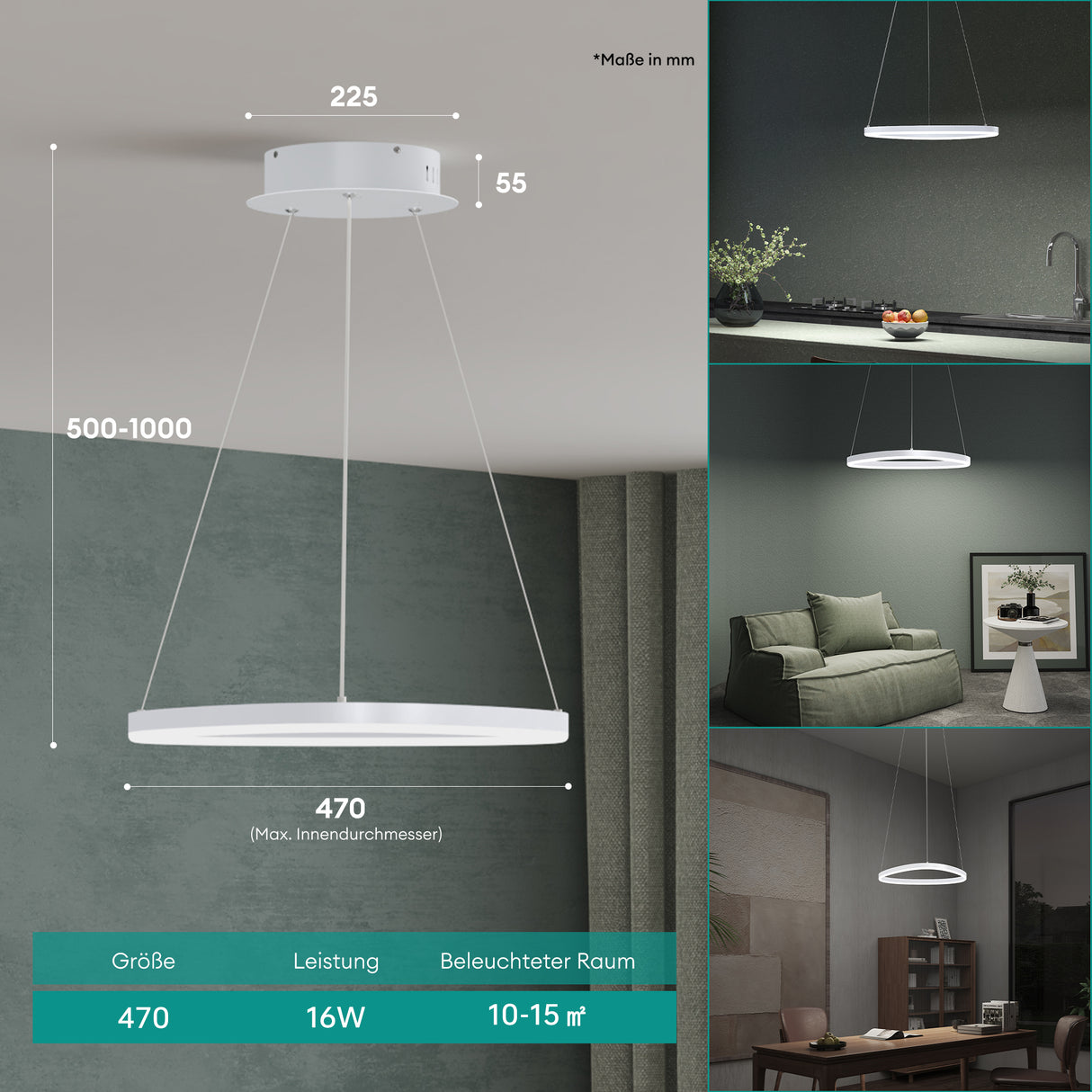 glasvilla Lámpara colgante 50cm LED Lámpara colgante Diseño de onda dinámica 3000K/4000K/6000K Cable ajustable 16W Lámpara colgante para comedor sala de estar dormitorio