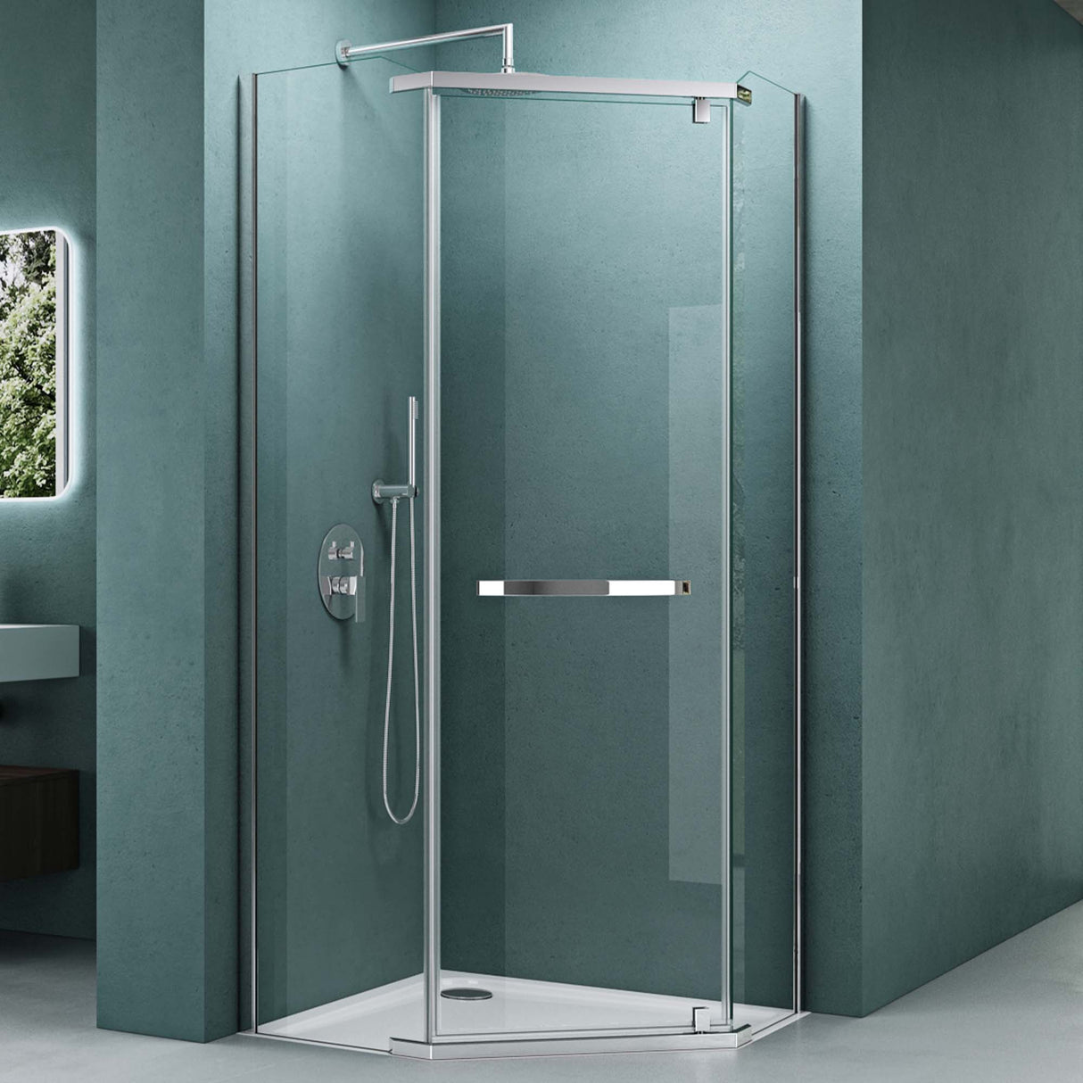 Cabine de douche pentagonale Glasvilla avec receveur, paroi de douche, verre véritable, installation au niveau du sol possible, paroi de douche en verre trempé de sécurité de 8 mm Ravenna08