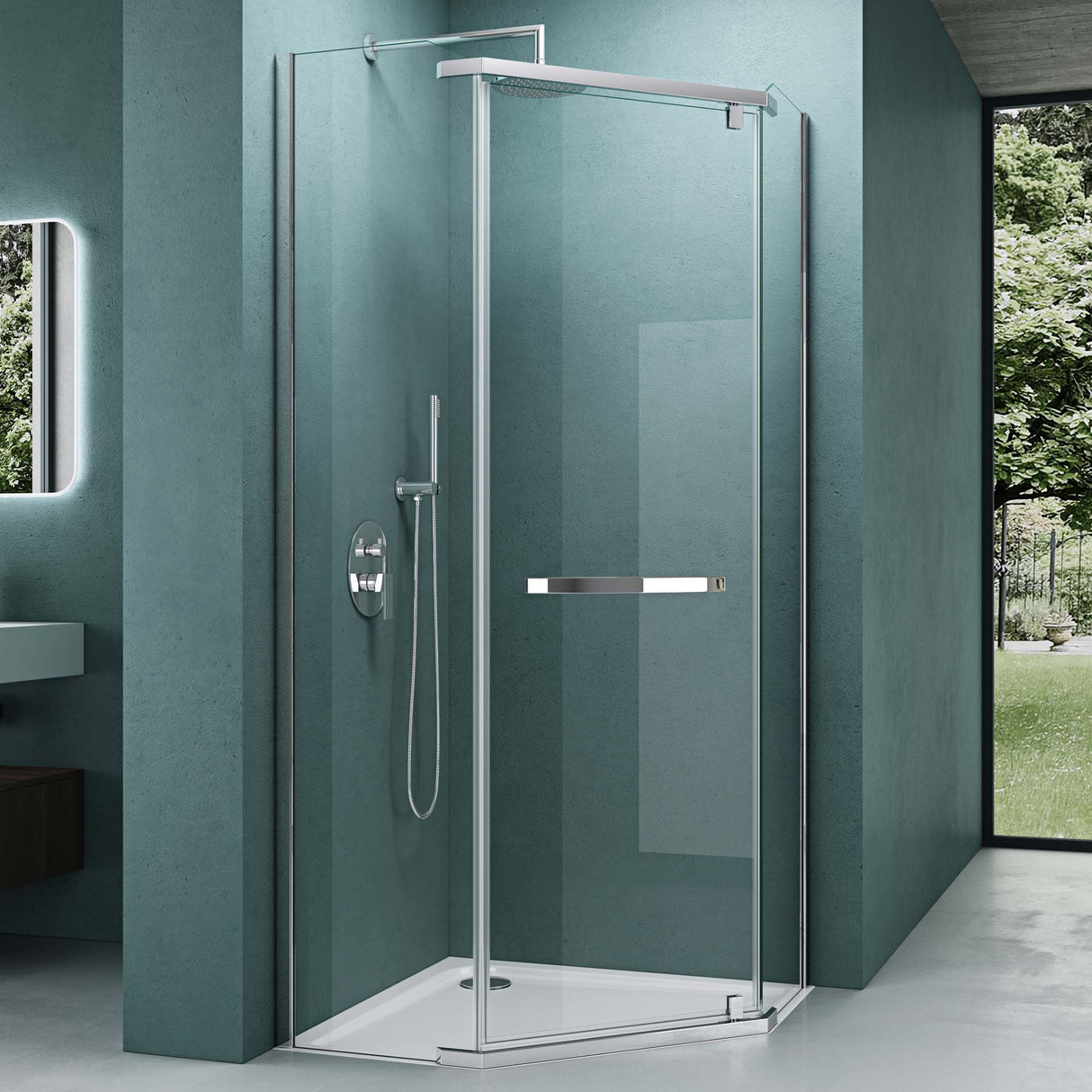 Cabine de douche pentagonale Glasvilla avec receveur, paroi de douche, verre véritable, installation au niveau du sol possible, paroi de douche en verre trempé de sécurité de 8 mm Ravenna08