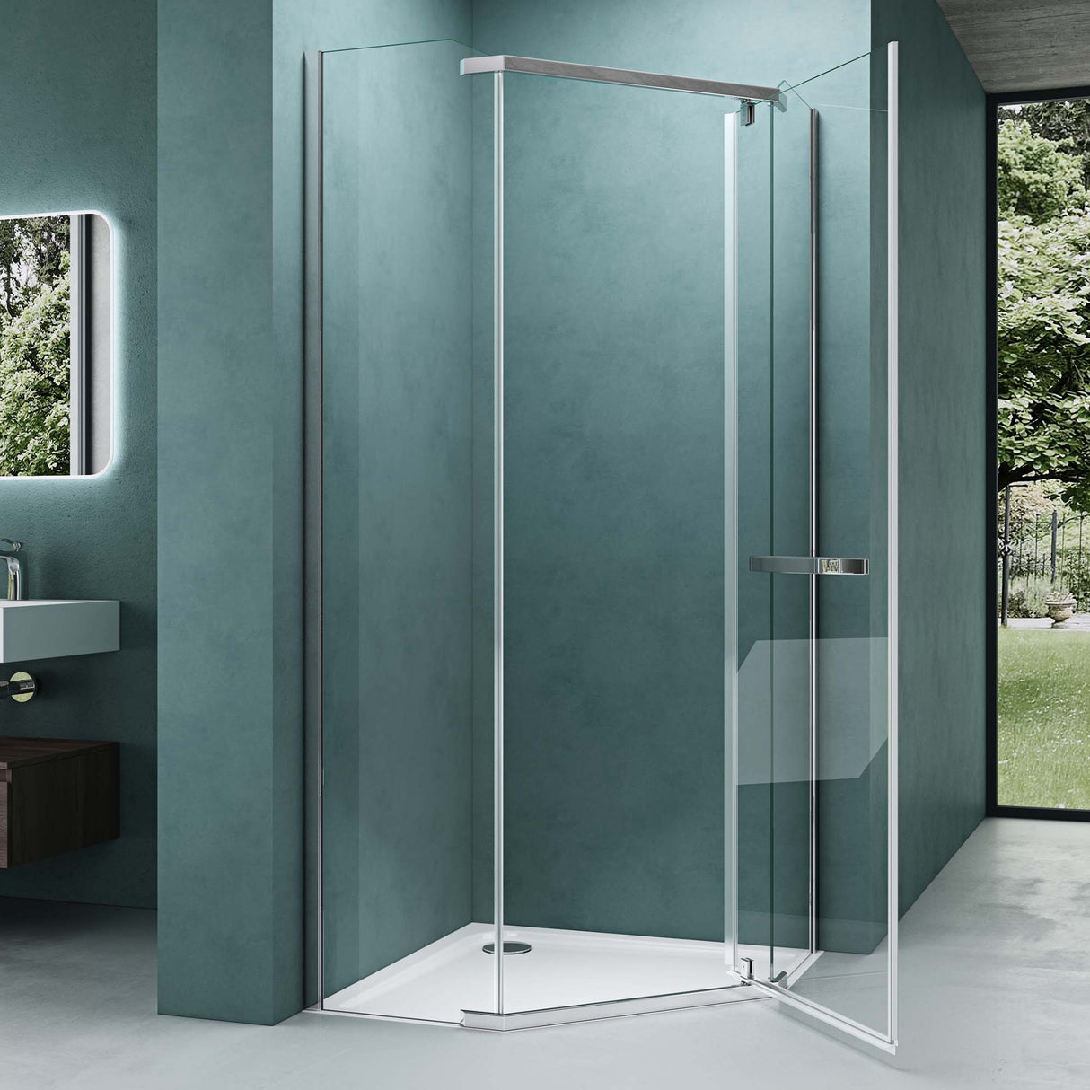 Cabine de douche pentagonale Glasvilla avec receveur, paroi de douche, verre véritable, installation au niveau du sol possible, paroi de douche en verre trempé de sécurité de 8 mm Ravenna08