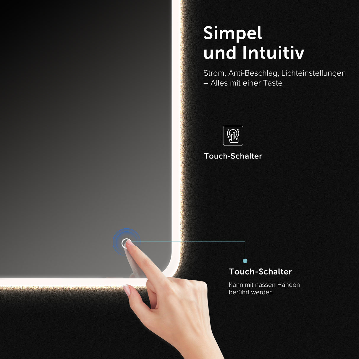 Miroir mural de salle de bain Glasvilla Miroir de salle de bain LED avec interrupteur tactile, antibuée grâce à une couche antibuée