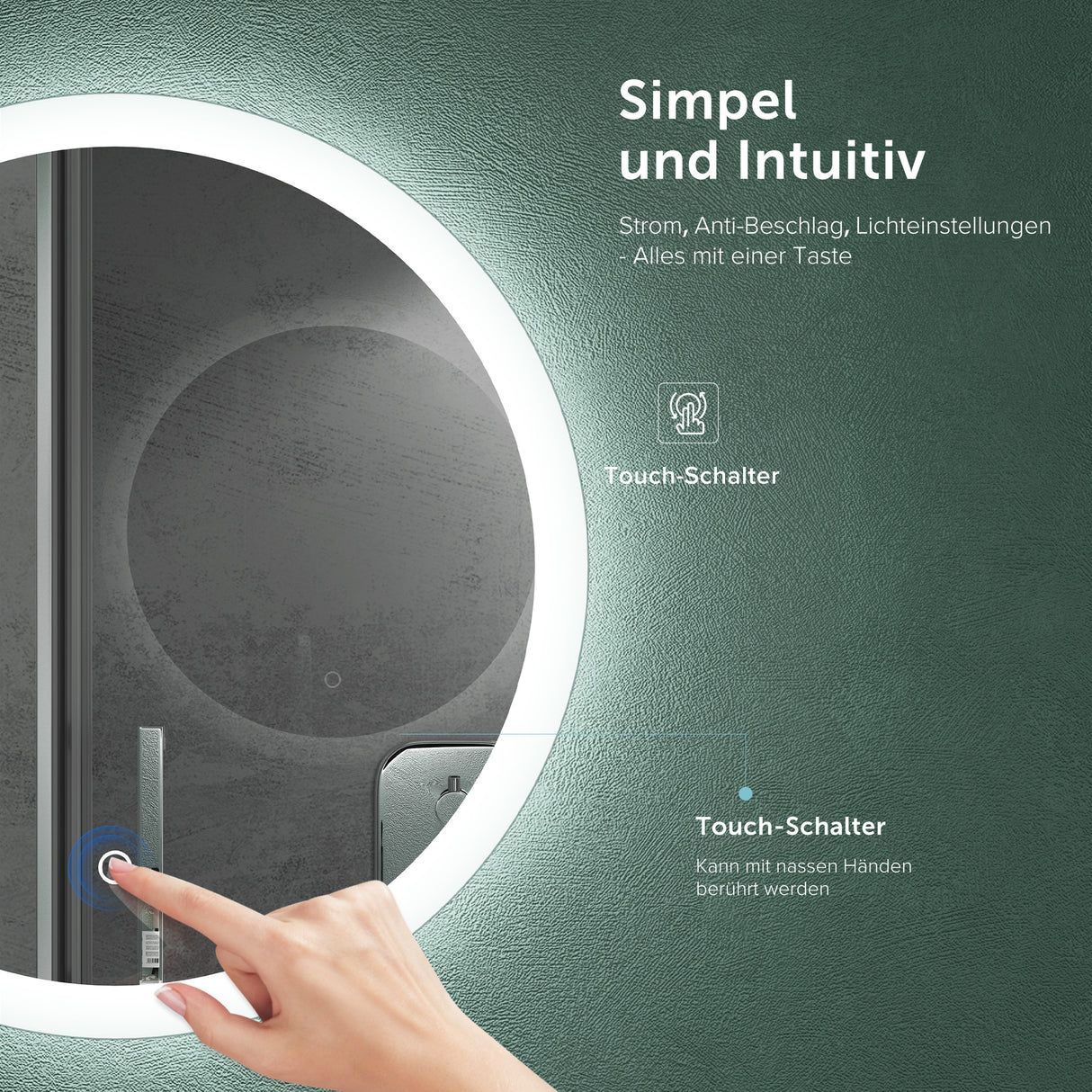 Miroir mural de salle de bain Glasvilla Miroir lumineux rond à LED Miroir de salle de bain à LED avec interrupteur tactile, couche antibuée Miroir LED 05