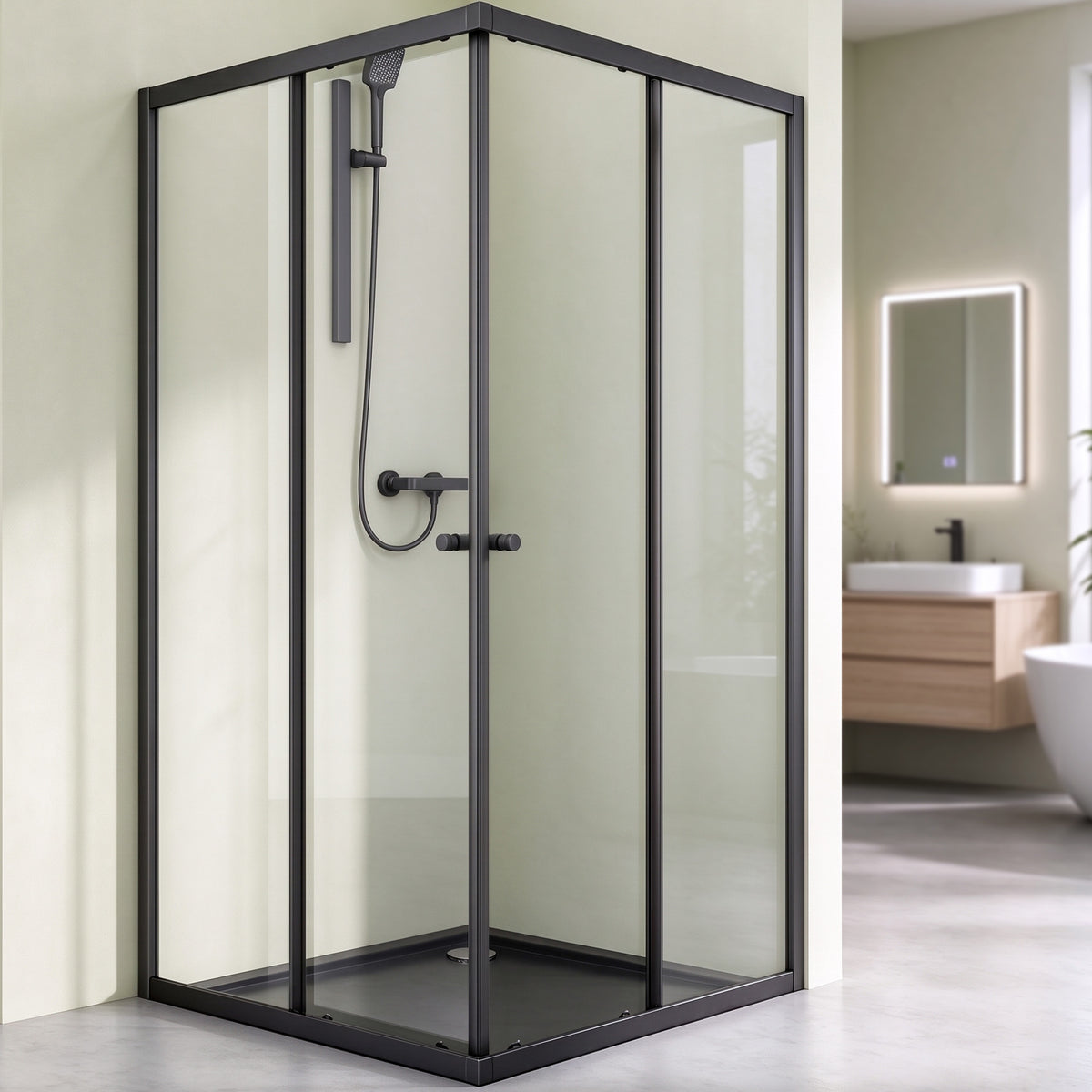 glasvilla Duschkabine con puerta corredera doble puerta de ducha entrada de esquina vidrio real efecto loto 6mm vidrio de seguridad ESG Ravenna16K negro