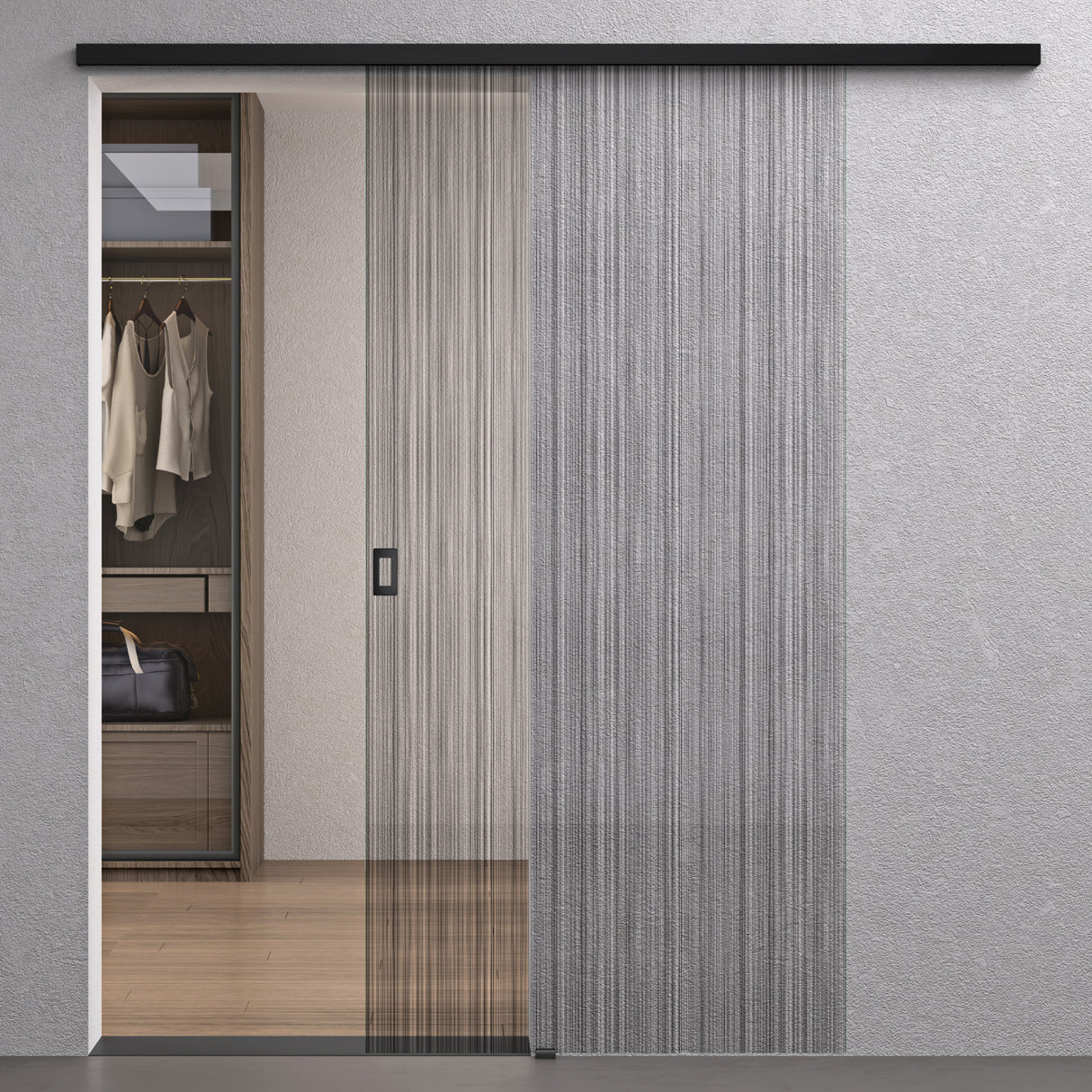 Ensemble complet de porte coulissante en verre Glasvilla, porte intérieure, noir mat, verre de sécurité trempé de 8 mm, porte coulissante, verre noir brossé avec rail en aluminium, Muranino-001