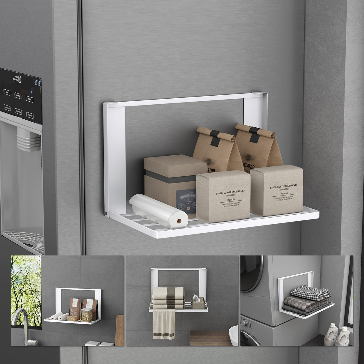 glasvolla Handtuchhalter Badetuchhalter Magnetische Regale für Waschmaschine Klappregal Wandregal ohne Bohren 41x25cm Multifunktionaler Regal für Kühlschrankseit, Bad, Küche Folda-01