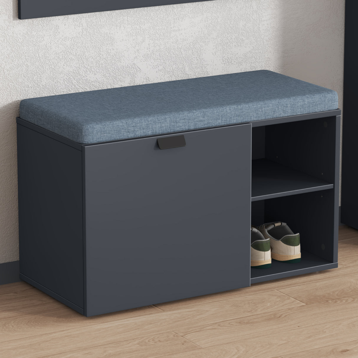 glasvilla Schuhbank mit Sitzfläche, Schuhregal mit Schiebetüren und offenen Fächern, gepolsterter Sitz, verstellbare Ablagen 80x37x50cm Zitta-01