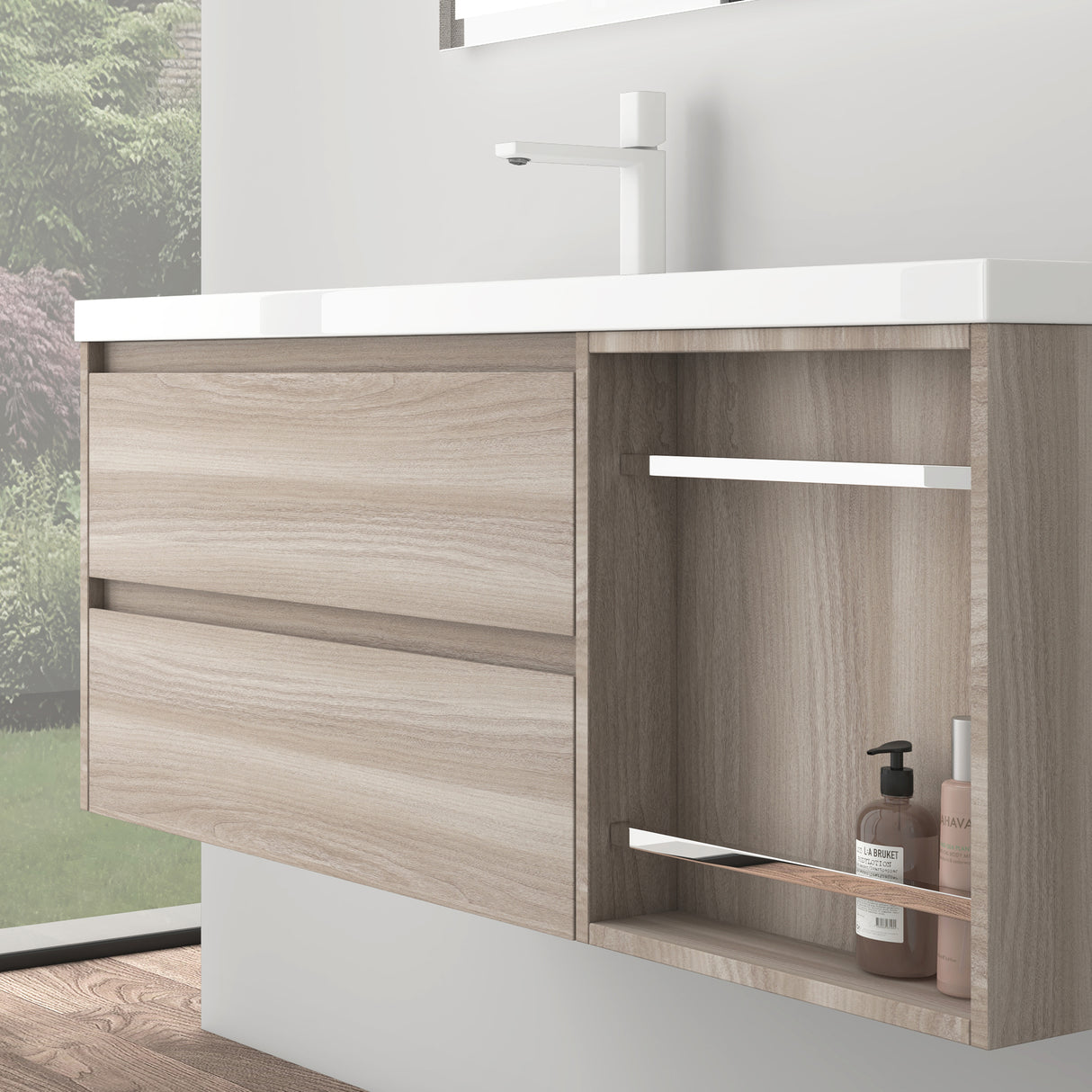 glasvilla Mobile Bagno Sospeso 120x46x49cm Mobiletto da Bagno con Lavabo da Marmo Fuso Open
