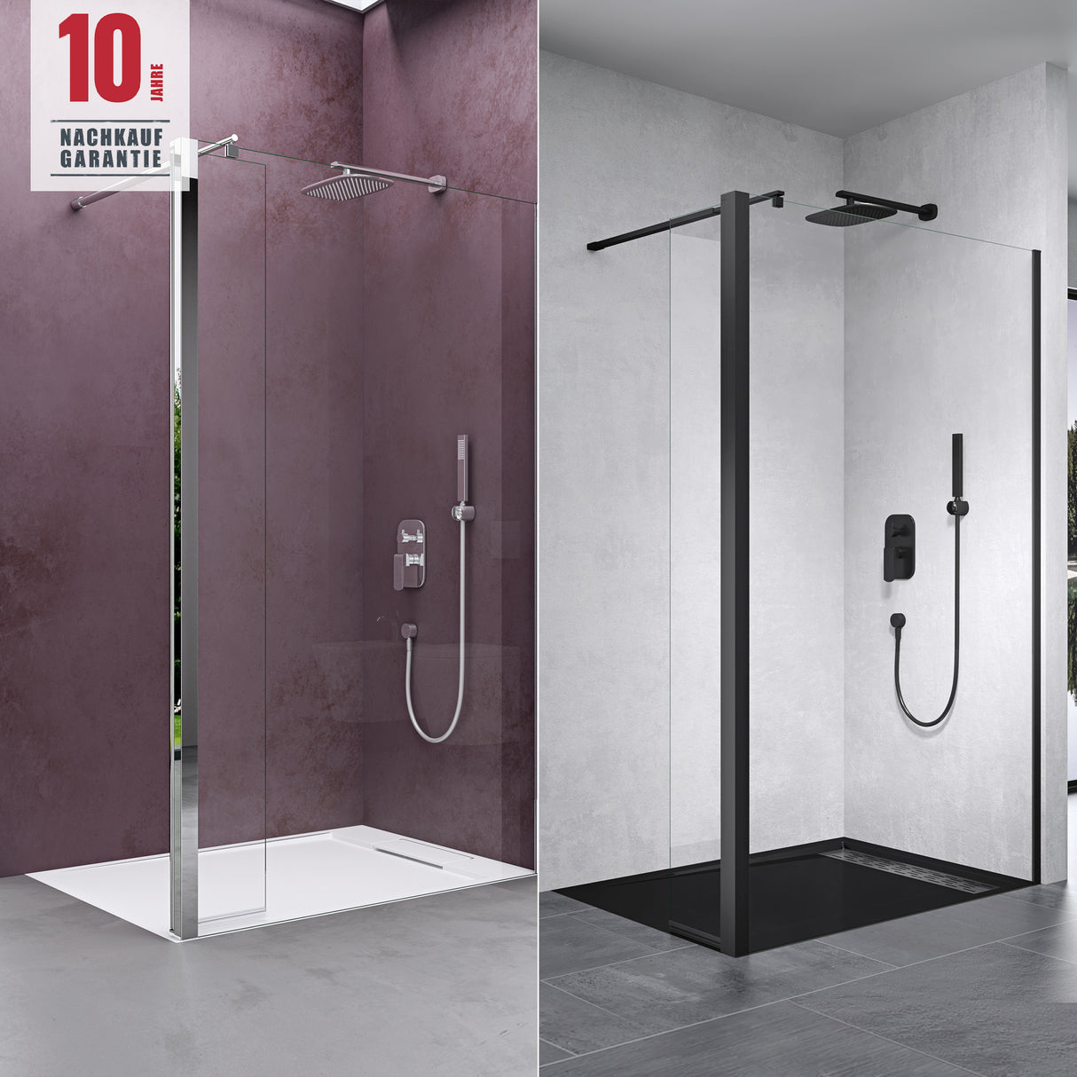 glasvilla Walk-In Duschwand für Dusche Duschabtrennung 10mm Klarglas mit 30cm Nebenteil ESG-Sicherheitsglas mit Nanobeschichtung Runder & Rechteckiger Stabilisator Bremen02K-Plus