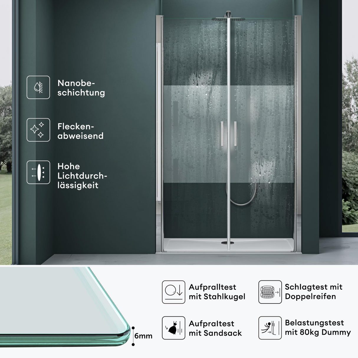 Porte de douche Glasvilla, porte de niche, cabine de douche, porte battante 180°, porte double, revêtement nano ESG 6 mm, verre clair/satiné, rayé/entièrement satiné avec mécanisme de levage et d'abaissement, Teramo24VS