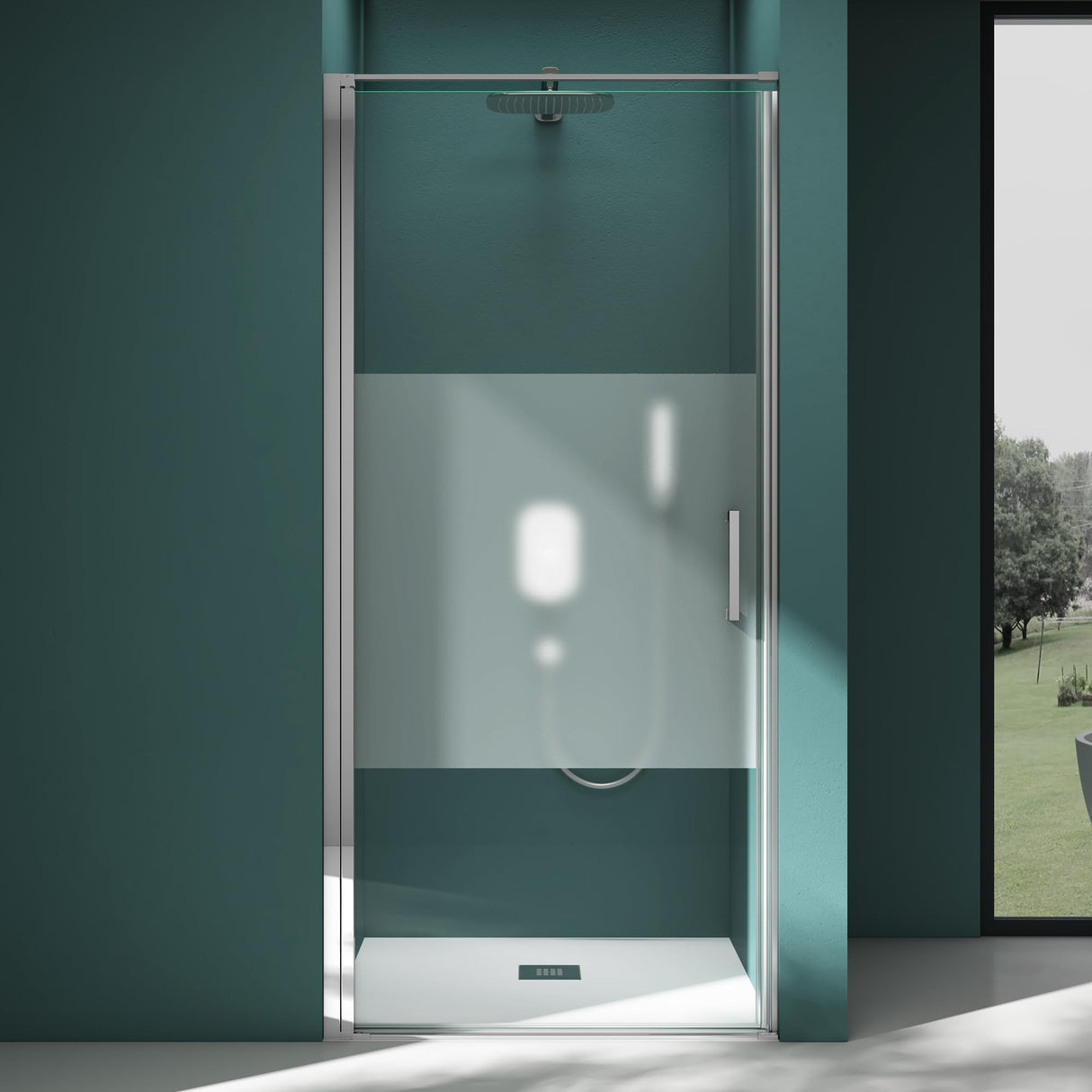 glasvilla Box Doccia a Nicchia in Vetro di Sicurezza 8mm con Meccanismo di Sollevamento e Abbassamento Cabina Doccia Cromata e Nera in Vetro Trasparente e Parzialmente Smerigliato Box Doccia con Rivestimento Nano Teramo36K