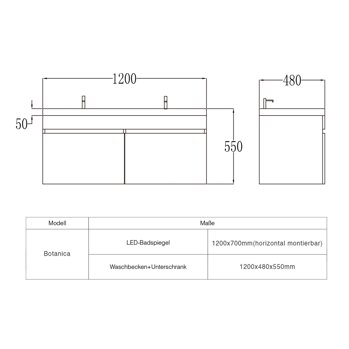 glasvilla Badmöbel Set Badezimmermöbel mit Mineralguss Waschbecken Waschtisch Botanica