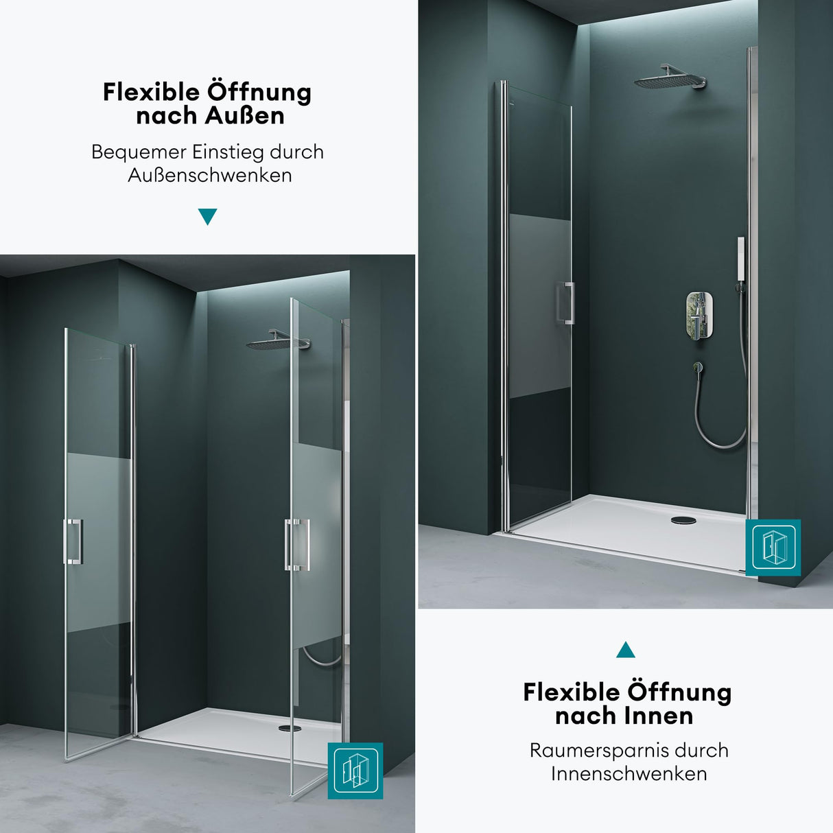 Porte de douche Glasvilla, porte de niche, cabine de douche, porte battante 180°, porte double, revêtement nano ESG 6 mm, verre clair/satiné, rayé/entièrement satiné avec mécanisme de levage et d'abaissement, Teramo24VS