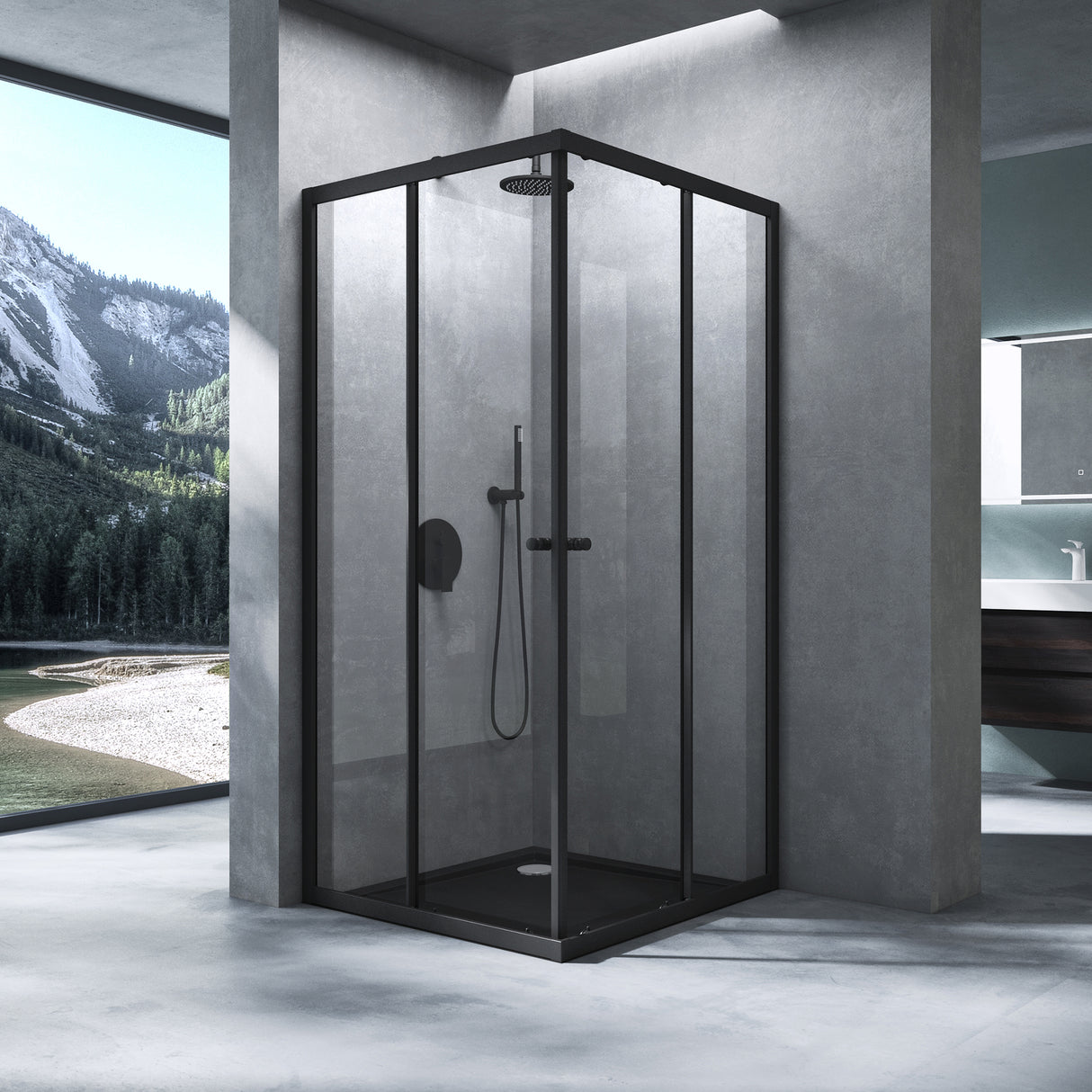 Cabine de douche Glasvilla avec double porte coulissante, porte d'angle, verre véritable effet lotus, verre de sécurité trempé 6 mm Ravenna16K noir