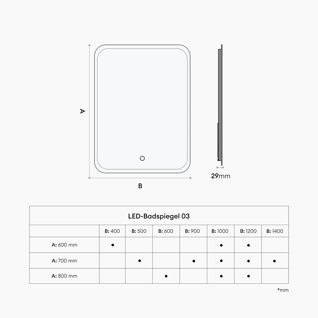 Miroir mural de salle de bain Glasvilla Miroir de salle de bain LED avec interrupteur tactile, antibuée grâce à une couche antibuée