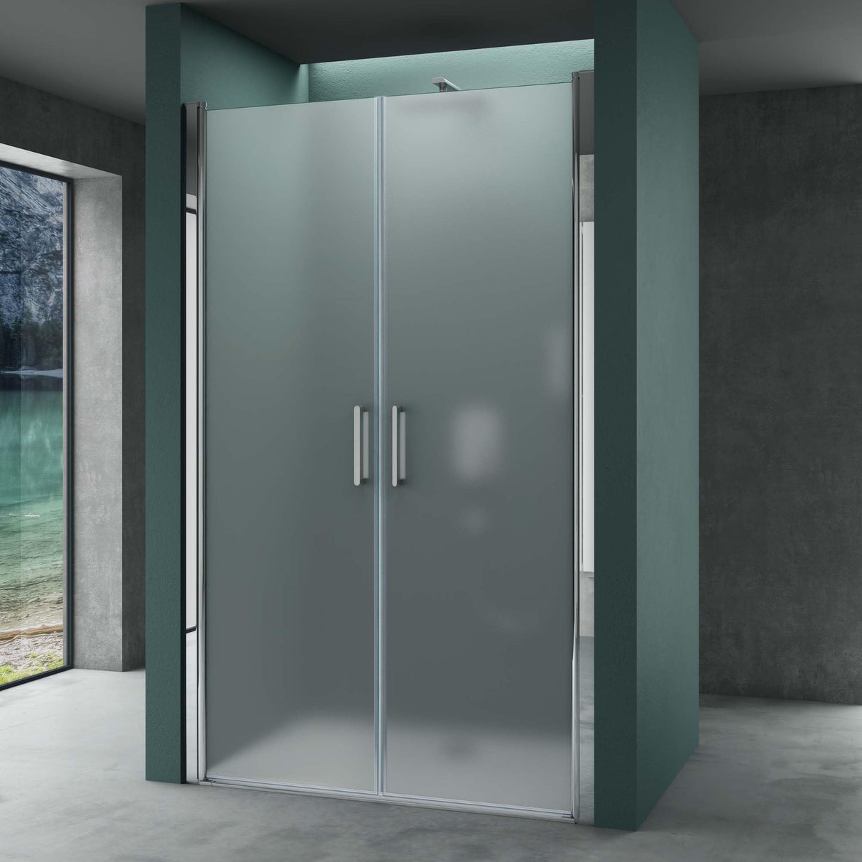 Porte de douche Glasvilla, porte de niche, cabine de douche, porte battante 180°, porte double, revêtement nano ESG 6 mm, verre clair/satiné, rayé/entièrement satiné avec mécanisme de levage et d'abaissement, Teramo24VS