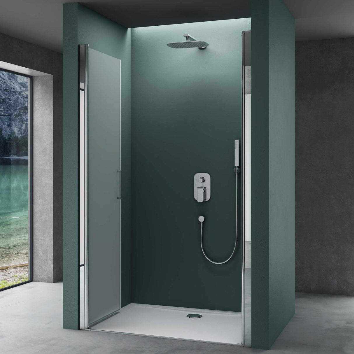 Porte de douche Glasvilla, porte de niche, cabine de douche, porte battante 180°, porte double, revêtement nano ESG 6 mm, verre clair/satiné, rayé/entièrement satiné avec mécanisme de levage et d'abaissement, Teramo24VS