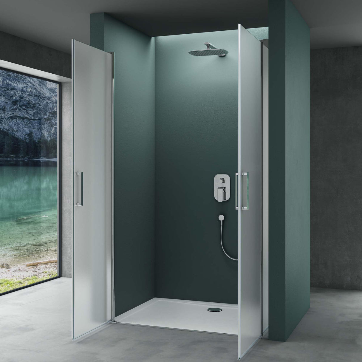 Porte de douche Glasvilla, porte de niche, cabine de douche, porte battante 180°, porte double, revêtement nano ESG 6 mm, verre clair/satiné, rayé/entièrement satiné avec mécanisme de levage et d'abaissement, Teramo24VS