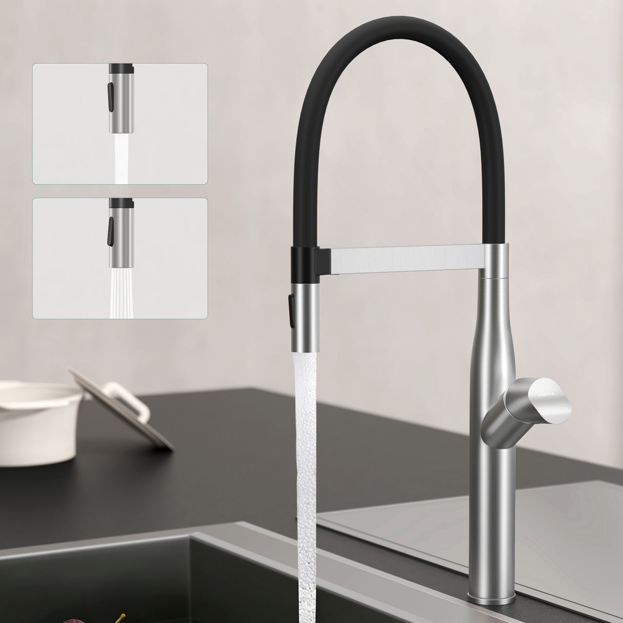 glasvilla Robinet de cuisine, mitigeur d'évier en acier inoxydable, mitigeur de cuisine avec douchette à vaisselle magnétique, pivotant à 360° Turnix-01
