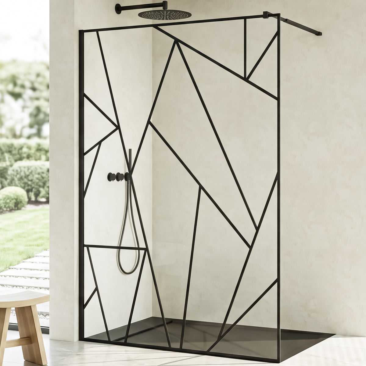 glasvilla Duschwand für Dusche Duschabtrennung Walk-In Dusche Duschtrennwand Schwarz 8mm ESG-Sicherheitsglas NANO Klarglas mit geometrischem Design MMBR3 Bremen01Plus-GM