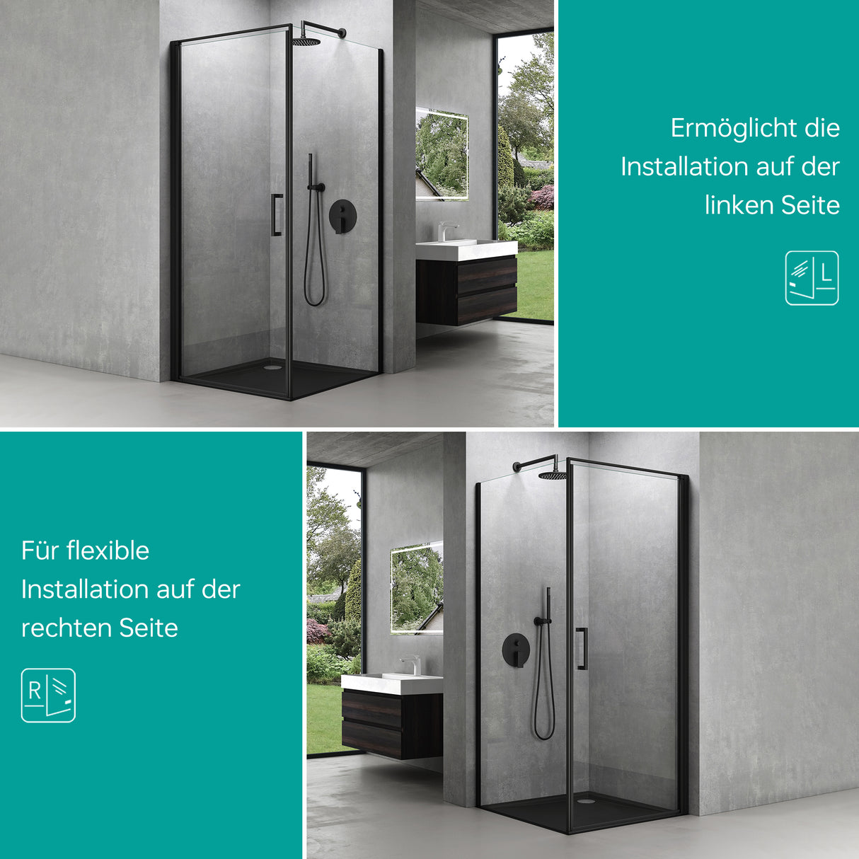 glasvilla Box Doccia in Vetro 8mm Box Doccia con Meccanismo Alza/Abbassa e Porta Girevole Box Cabina Doccia Angolare Nero Ravenna36-Plus