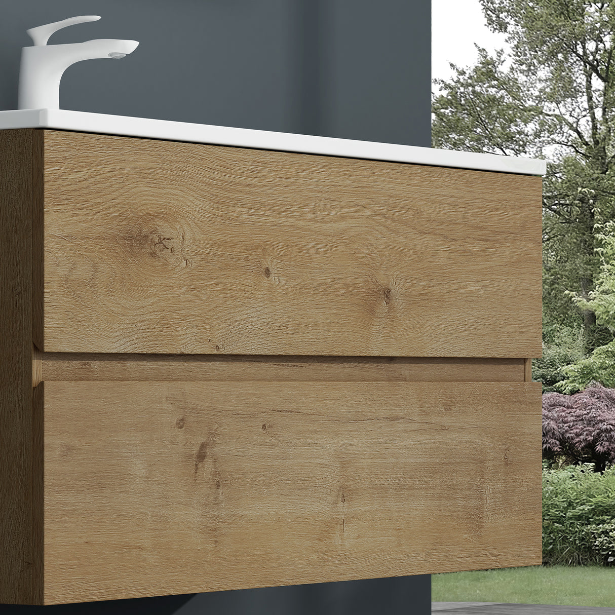 glasvilla Badmöbel-Set Waschtisch mit Unterschrank Mineralguss Waschbecken Waschbeckenunterschrank 2-Schubladen Soft-Close Aqualis