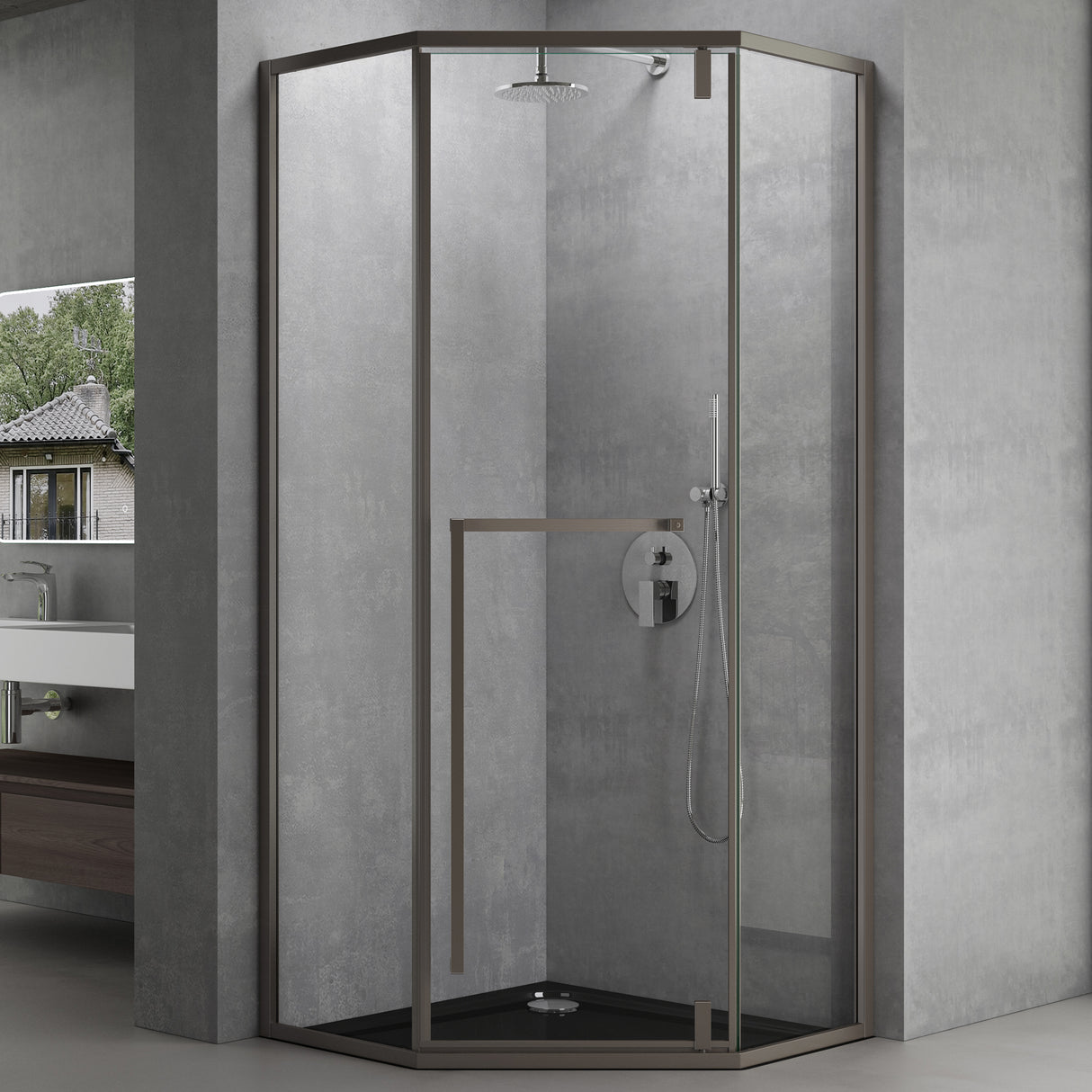 glasvilla Cabine de Douche Pentagonale en Verre Véritable Verre de Sécurité ESG 8mm Cadre de Porte en Acier Inoxydable Cloison de Douche Installation au Niveau du Sol Ravenna68K