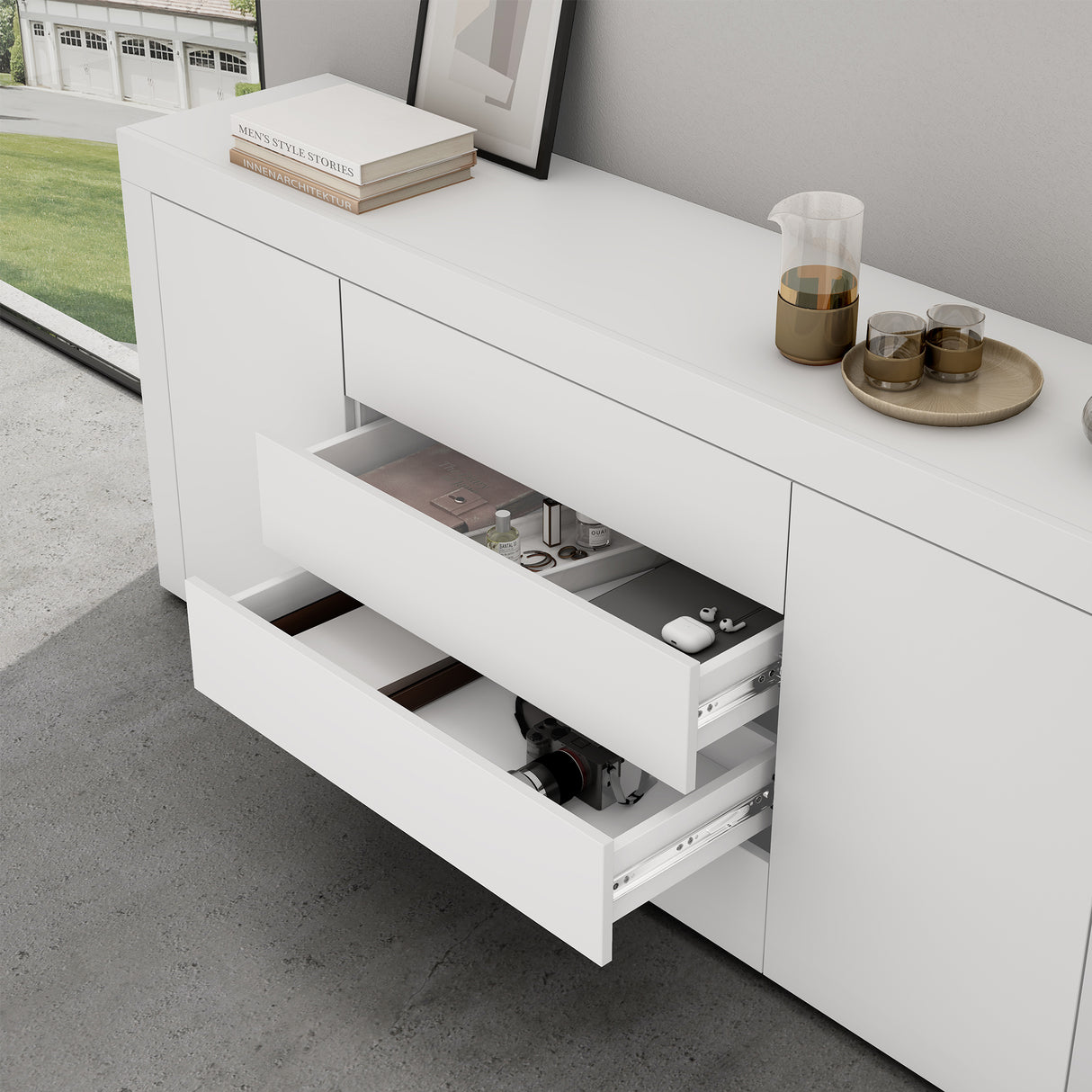 glasvilla Aparador Almacenamiento BTH: 167x36x70 cm con 2 Armarios y 4 Cajones Comoda Mueble Armario03