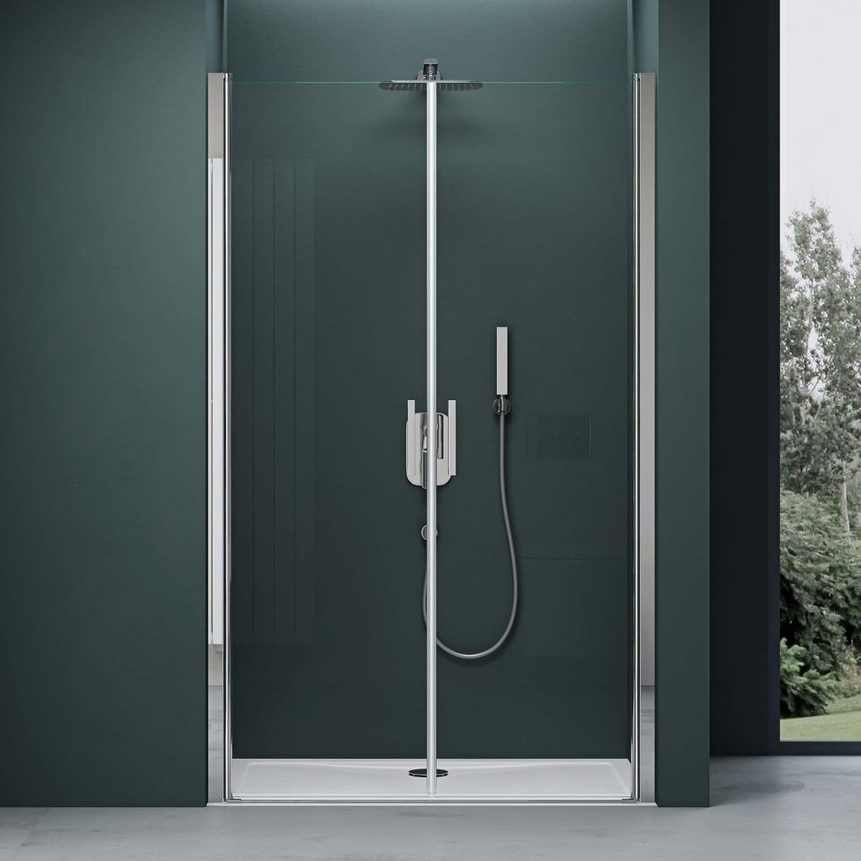 Porte de douche Glasvilla, porte de niche, cabine de douche, porte battante 180°, porte double, revêtement nano ESG 6 mm, verre clair/satiné, rayé/entièrement satiné avec mécanisme de levage et d'abaissement, Teramo24VS
