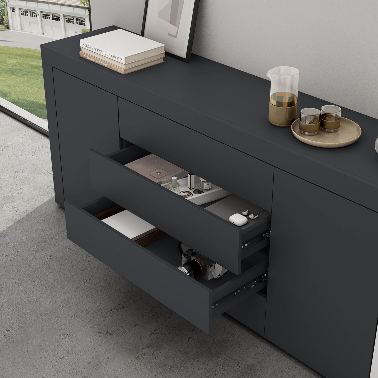 glasvilla Aparador Almacenamiento BTH: 167x36x70 cm con 2 Armarios y 4 Cajones Comoda Mueble Armario03