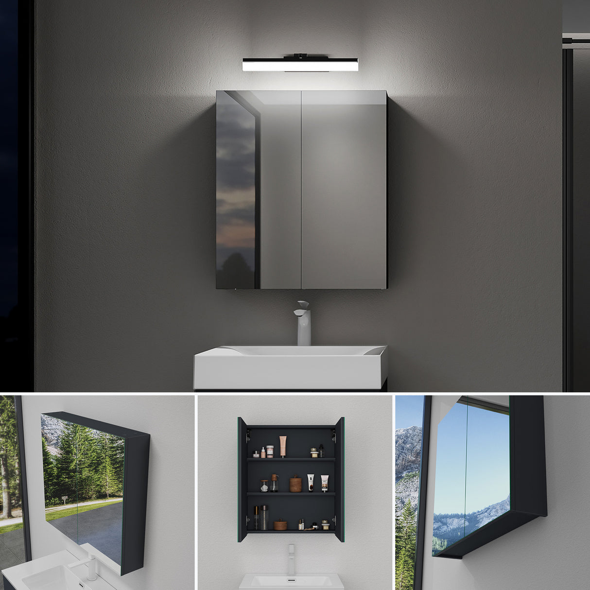 glasvilla Armadietto a Specchio con Lampada da Specchio LED per Bagno, Specchiera Bagno Mobilettto da Parete con Luce a Specchio Girevole a 180° Luxaris