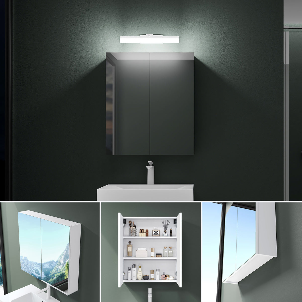 glasvilla Armadietto a Specchio con Lampada da Specchio LED per Bagno, Specchiera Bagno Mobilettto da Parete con Luce a Specchio Girevole a 180° Luxaris