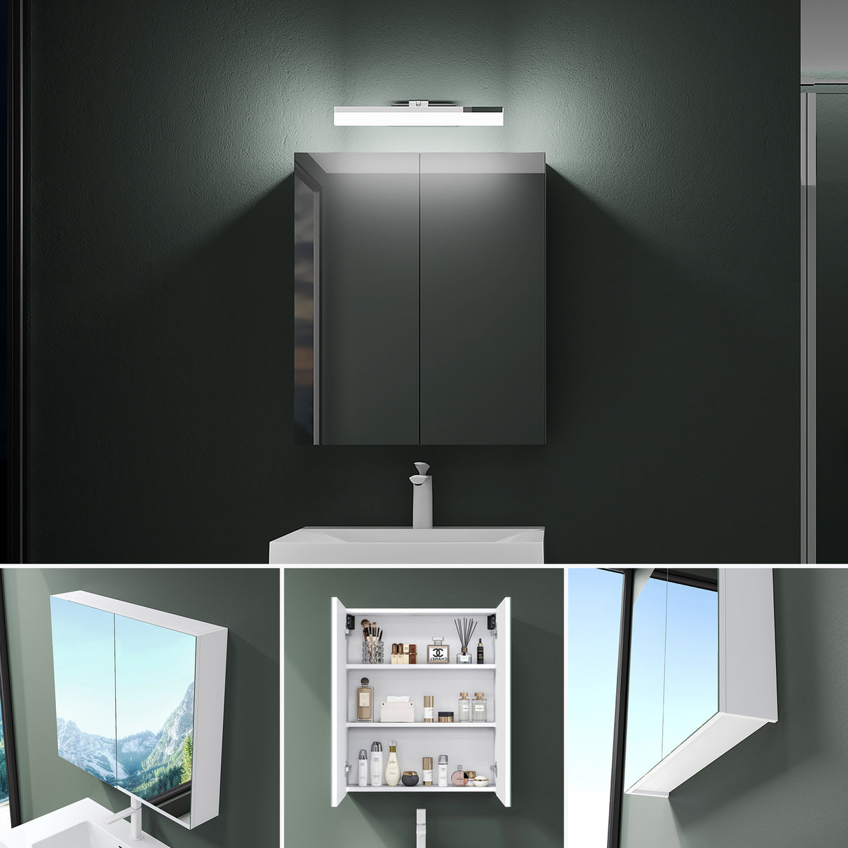glasvilla Armadietto a Specchio con Lampada da Specchio LED per Bagno, Specchiera Bagno Mobilettto da Parete con Luce a Specchio Girevole a 180° Luxaris