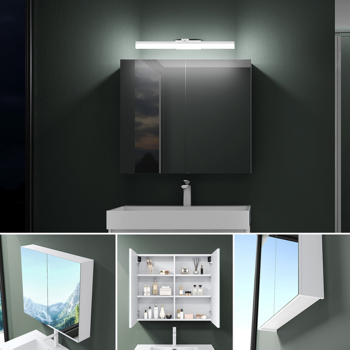 glasvilla Armadietto a Specchio con Lampada da Specchio LED per Bagno, Specchiera Bagno Mobilettto da Parete con Luce a Specchio Girevole a 180° Luxaris
