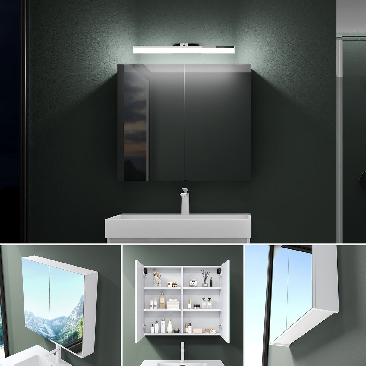 glasvilla Armadietto a Specchio con Lampada da Specchio LED per Bagno, Specchiera Bagno Mobilettto da Parete con Luce a Specchio Girevole a 180° Luxaris