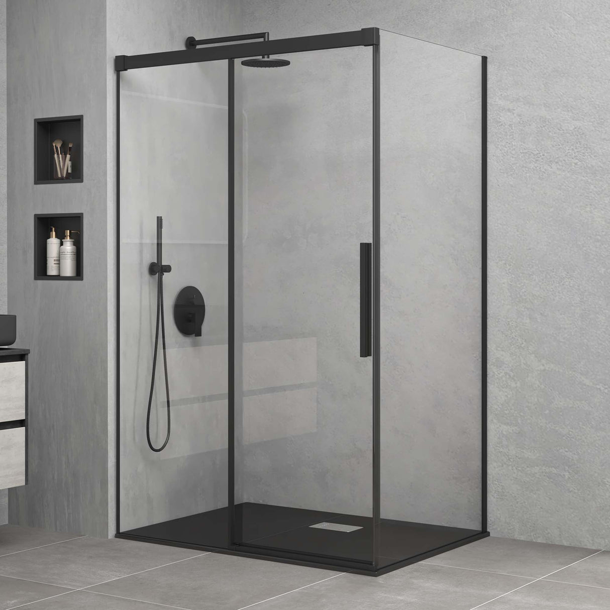 glasvilla Cabina de Ducha Puerta Corredera 6mm ESG-Vidrio de Seguridad Separación de Ducha Mecanismo de Cierre Suave Elevación Lateral Ravenna12K Negro