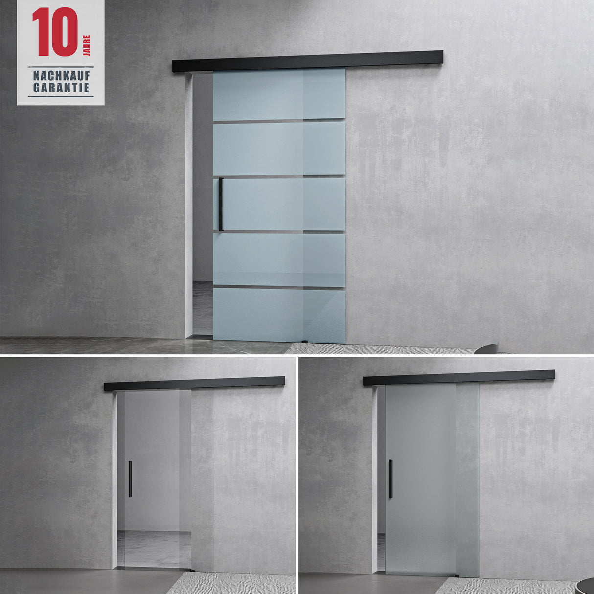 glasvilla Glasschiebetür komplettset, Griffart: Stangengriff, 25 mm Wandabstand, 8mm ESG-Sicherheitsglas Amalfi Schwarz